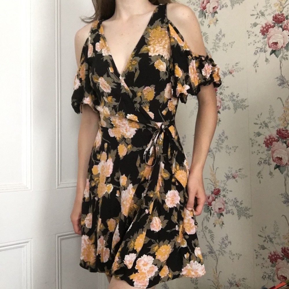 Cold Shoulder Floral Wrap Dress